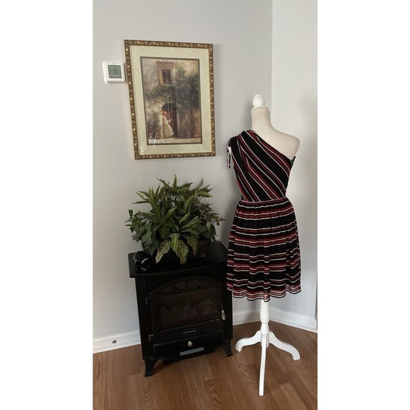 Miss Sixty One Shoulder Elastic Waist Striped Print A-Line Skirt DRESS Size 2 - Picture 4 of 7